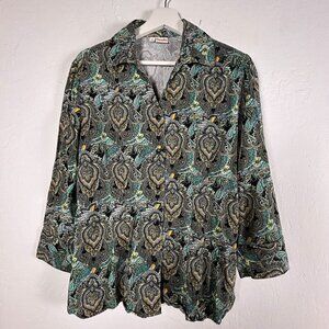 Tianello Womens Paisley Suzy Blouse Top Small Green Button Up 3/4 Sleeve Casual